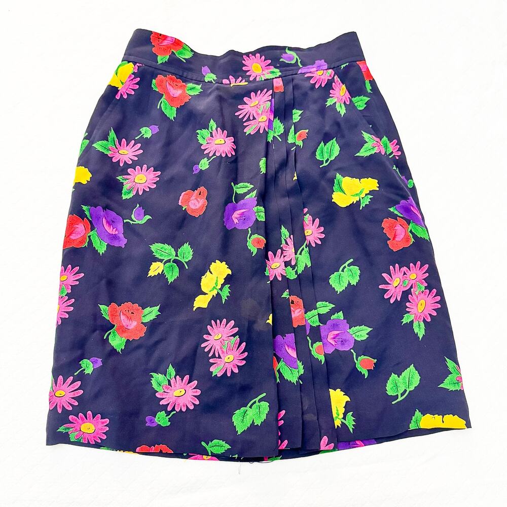 Ungaro Silk Flower Printed Front Pleated Skirt Pockets Size 10 / 44